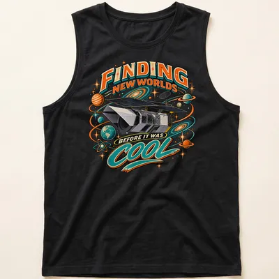 Vintage retro shirt featuring a space telescope and colorful text about finding new worlds — printed on a tank top