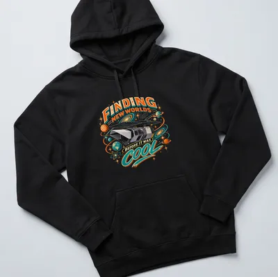 Vintage retro shirt featuring a space telescope and colorful text about finding new worlds — printed on a unisex hoodie