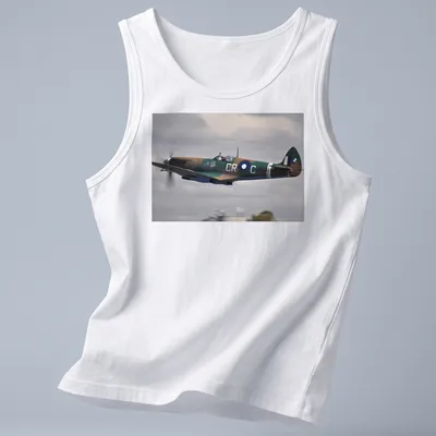 Photographic print of a Spitfire aircraft in flight with detailed colors — printed on a tank top