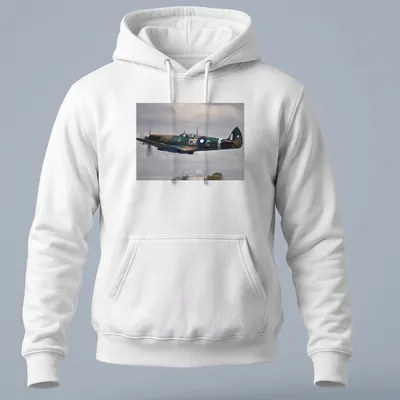Photographic print of a Spitfire aircraft in flight with detailed colors — printed on a unisex hoodie