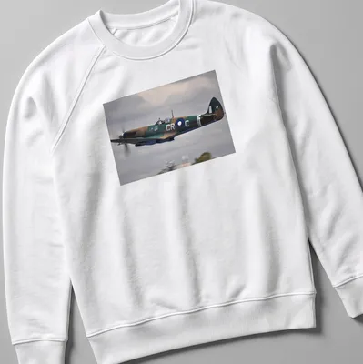 Photographic print of a Spitfire aircraft in flight with detailed colors — printed on a unisex sweatshirt