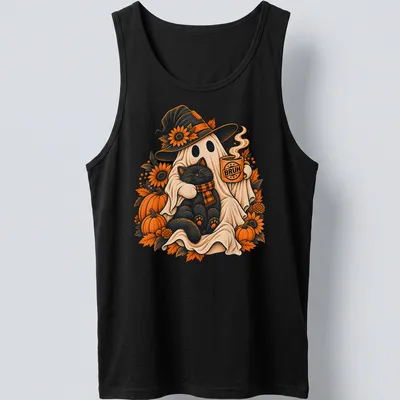 Vintage print of a ghost holding coffee with a black cat, featuring the text BRUH — printed on a tank top