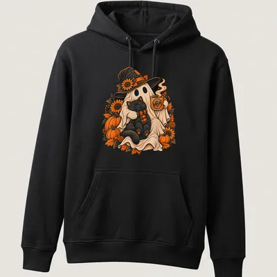 Vintage print of a ghost holding coffee with a black cat, featuring the text BRUH — printed on a unisex hoodie