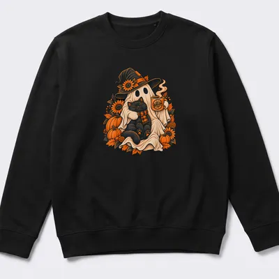 Vintage print of a ghost holding coffee with a black cat, featuring the text BRUH — printed on a unisex sweatshirt