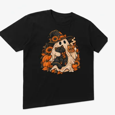 Vintage print of a ghost holding coffee with a black cat, featuring the text BRUH — printed on a unisex t-shirt (angled view)