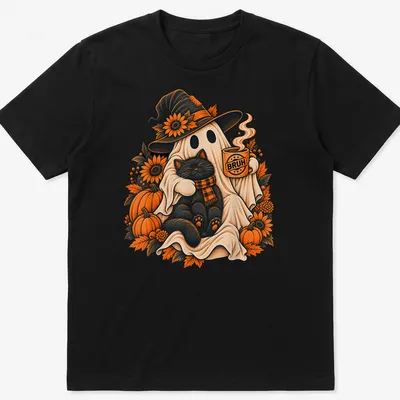 Vintage print of a ghost holding coffee with a black cat, featuring the text BRUH — printed on a unisex t-shirt