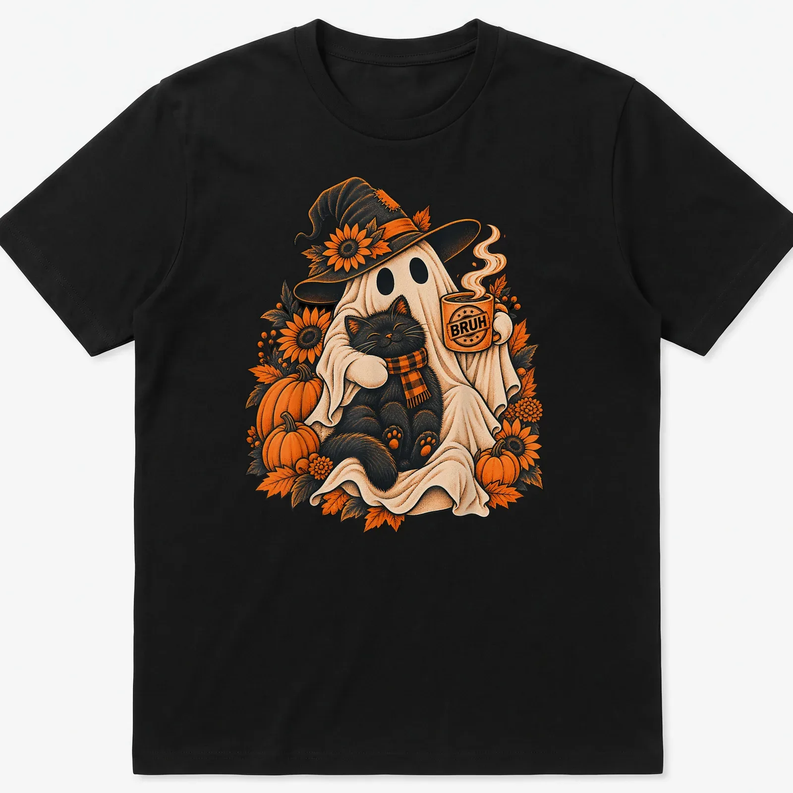 Vintage print of a ghost holding coffee with a black cat, featuring the text BRUH — printed on a unisex t-shirt