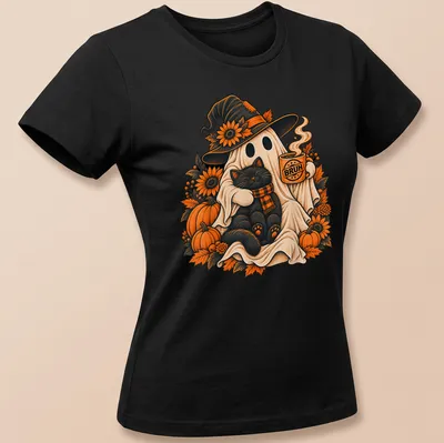 Vintage print of a ghost holding coffee with a black cat, featuring the text BRUH — printed on a women's shirt