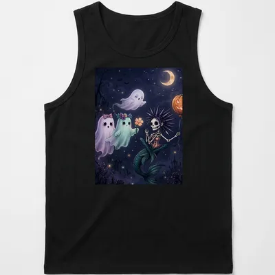 Pastel goth mermaid skeleton with friendly ghosts in various colors — printed on a tank top