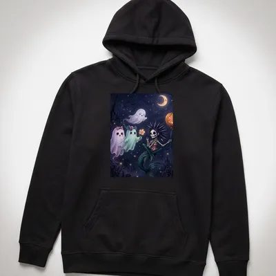 Pastel goth mermaid skeleton with friendly ghosts in various colors — printed on a unisex hoodie