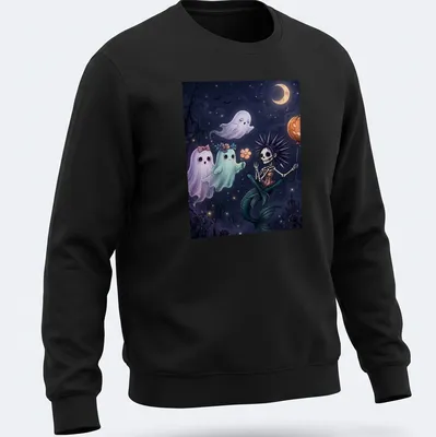 Pastel goth mermaid skeleton with friendly ghosts in various colors — printed on a unisex sweatshirt