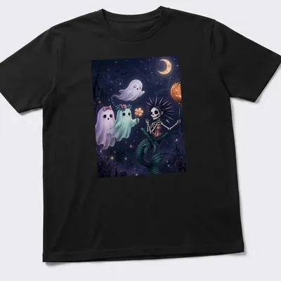 Pastel goth mermaid skeleton with friendly ghosts in various colors