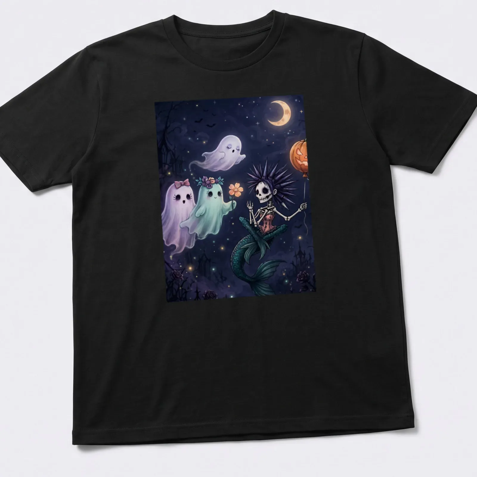 Pastel goth mermaid skeleton with friendly ghosts in various colors — printed on a unisex t-shirt