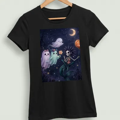 Pastel goth mermaid skeleton with friendly ghosts in various colors — printed on a women's shirt
