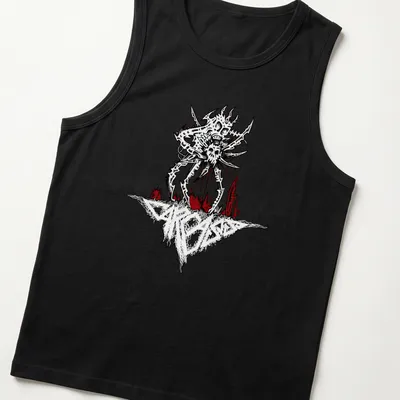 Metallic horror print of a skull spider with band name Carcass — printed on a tank top