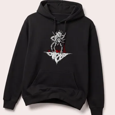 Metallic horror print of a skull spider with band name Carcass — printed on a unisex hoodie