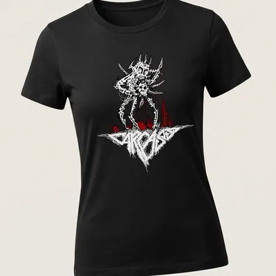 Metallic horror print of a skull spider with band name Carcass — printed on a women's shirt