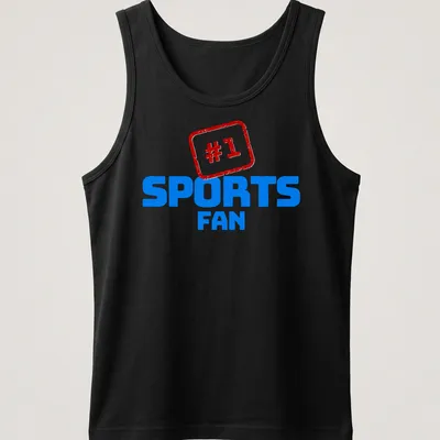 Bold typography sports fan t-shirt featuring the text #1 SPORTS FAN in blue, red, and white. — printed on a tank top