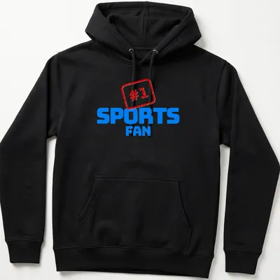 Bold typography sports fan t-shirt featuring the text #1 SPORTS FAN in blue, red, and white. — printed on a unisex hoodie