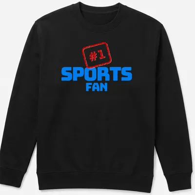 Bold typography sports fan t-shirt featuring the text #1 SPORTS FAN in blue, red, and white. — printed on a unisex sweatshirt