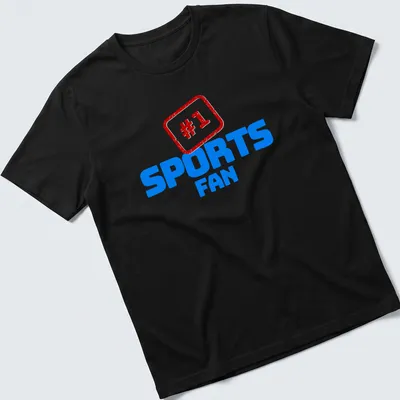 Bold typography sports fan t-shirt featuring the text #1 SPORTS FAN in blue, red, and white.
