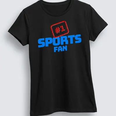 Bold typography sports fan t-shirt featuring the text #1 SPORTS FAN in blue, red, and white. — printed on a women's shirt