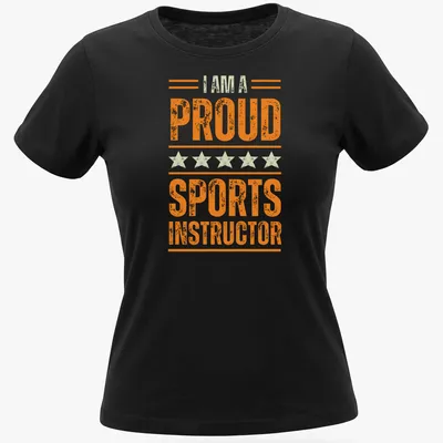 Vintage distressed Sports Instructor T-shirt with proud wording in warm colors — printed on a women's shirt