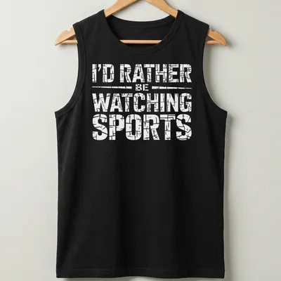 Bold text reading I'd Rather Be Watching Sports on a black — printed on a tank top