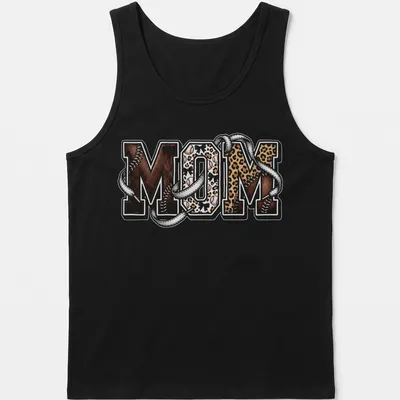Glam leopard print baseball tee with bold 'MOM' text for sports moms — printed on a tank top