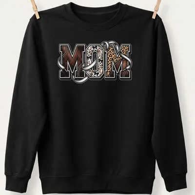 Glam leopard print baseball tee with bold 'MOM' text for sports moms — printed on a unisex sweatshirt