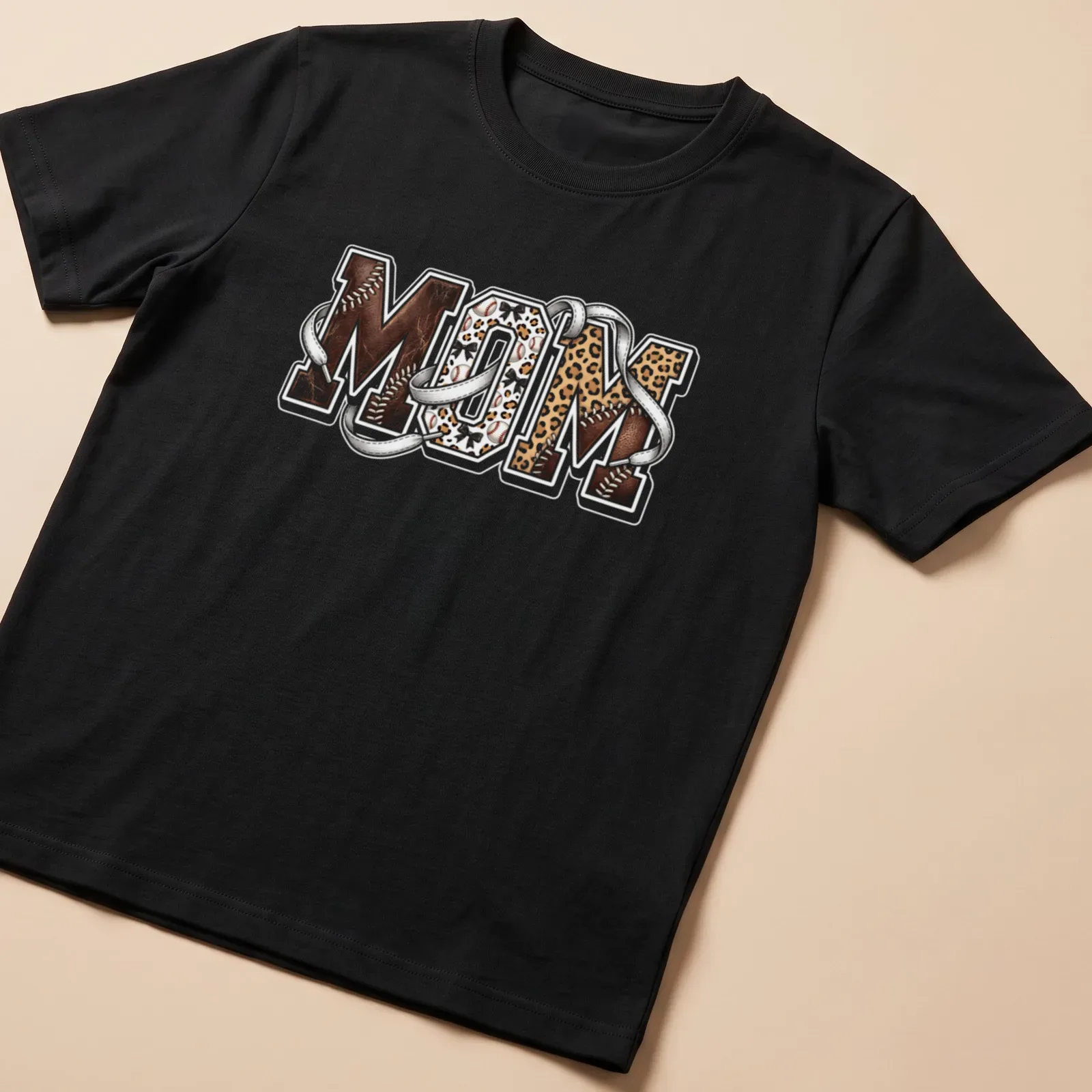 Glam leopard print baseball tee with bold 'MOM' text for sports moms — printed on a unisex t-shirt