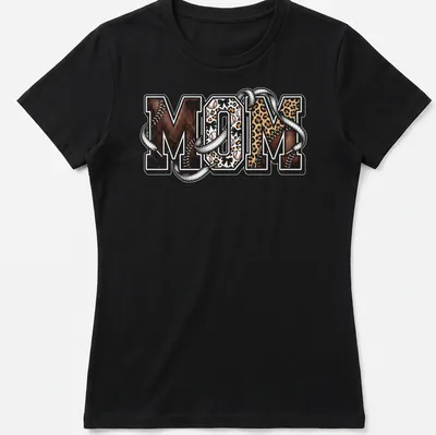 Glam leopard print baseball tee with bold 'MOM' text for sports moms — printed on a women's shirt