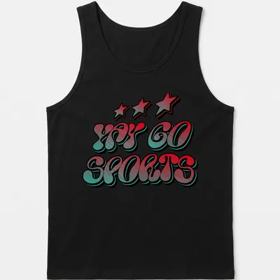 Bold colorful Sports Theme t-shirt with Yay Go Sports in red, cyan, and black — printed on a tank top