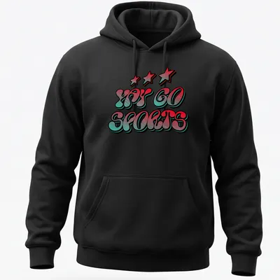 Bold colorful Sports Theme t-shirt with Yay Go Sports in red, cyan, and black — printed on a unisex hoodie