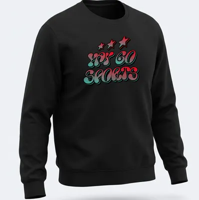 Bold colorful Sports Theme t-shirt with Yay Go Sports in red, cyan, and black — printed on a unisex sweatshirt