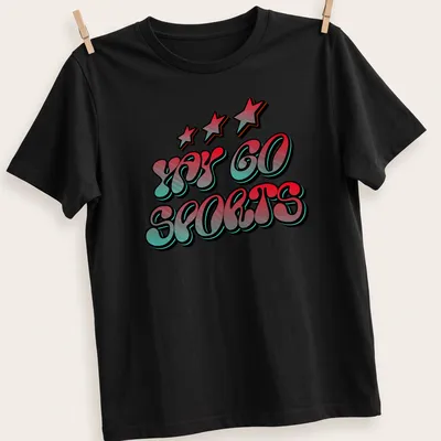 Bold colorful Sports Theme t-shirt with Yay Go Sports in red, cyan, and black