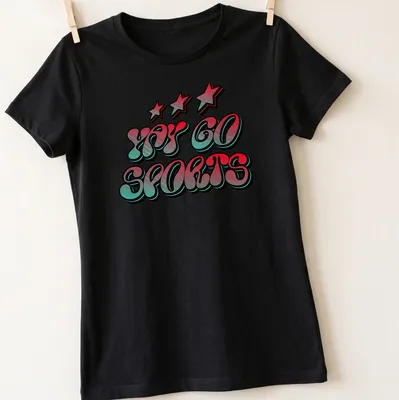 Bold colorful Sports Theme t-shirt with Yay Go Sports in red, cyan, and black — printed on a women's shirt