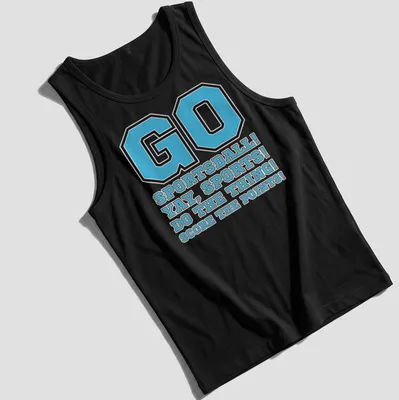 Bold graphic tee with humorous sports phrases in light blue, black, and white — printed on a tank top