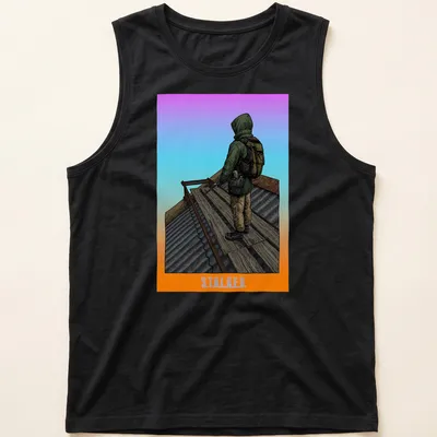 Detailed illustration of a stalker character with the text S.T.A.L.K.E.R. in purple, orange, and green — printed on a tank top