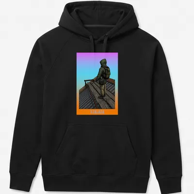 Detailed illustration of a stalker character with the text S.T.A.L.K.E.R. in purple, orange, and green — printed on a unisex hoodie