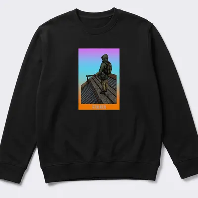 Detailed illustration of a stalker character with the text S.T.A.L.K.E.R. in purple, orange, and green — printed on a unisex sweatshirt