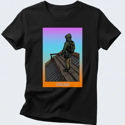 Detailed illustration of a stalker character with the text S.T.A.L.K.E.R. in purple, orange, and green — printed on a women's shirt