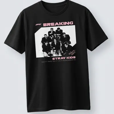 Monochrome shirt featuring Stray Kids graphic and text in black, white, and pink — printed on a unisex t-shirt