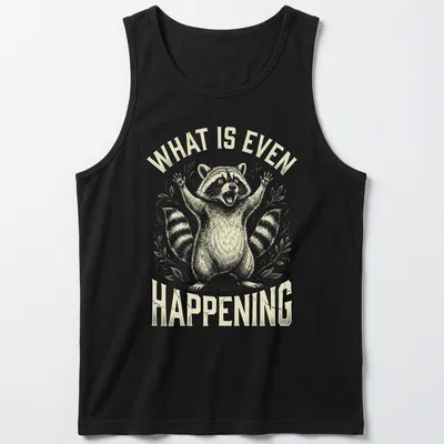 Vintage illustration of a stressed trash panda with humorous text — printed on a tank top