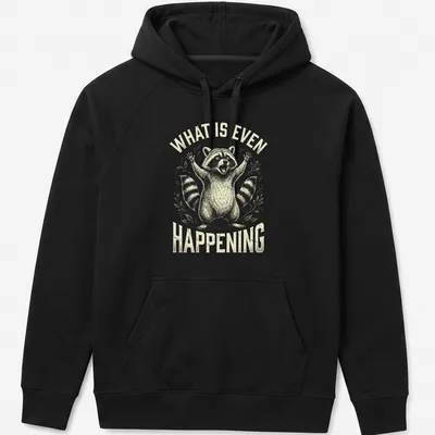 Vintage illustration of a stressed trash panda with humorous text — printed on a unisex hoodie