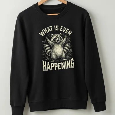 Vintage illustration of a stressed trash panda with humorous text — printed on a unisex sweatshirt