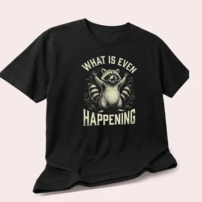 Vintage illustration of a stressed trash panda with humorous text — printed on a unisex t-shirt (angled view)