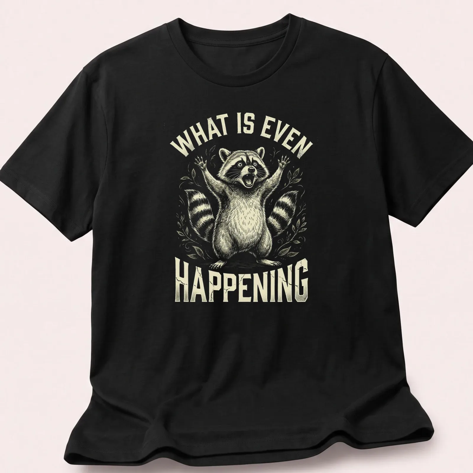 Vintage illustration of a stressed trash panda with humorous text — printed on a unisex t-shirt