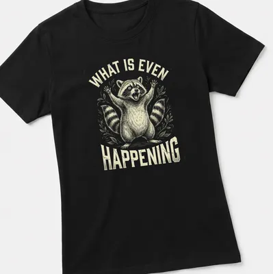 Vintage illustration of a stressed trash panda with humorous text — printed on a women's shirt