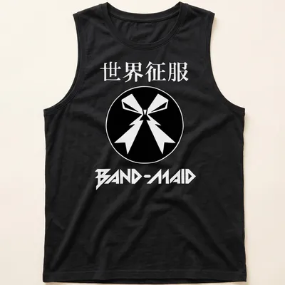 Stylized ribbon and bow graphic with Japanese characters in black and white — printed on a tank top